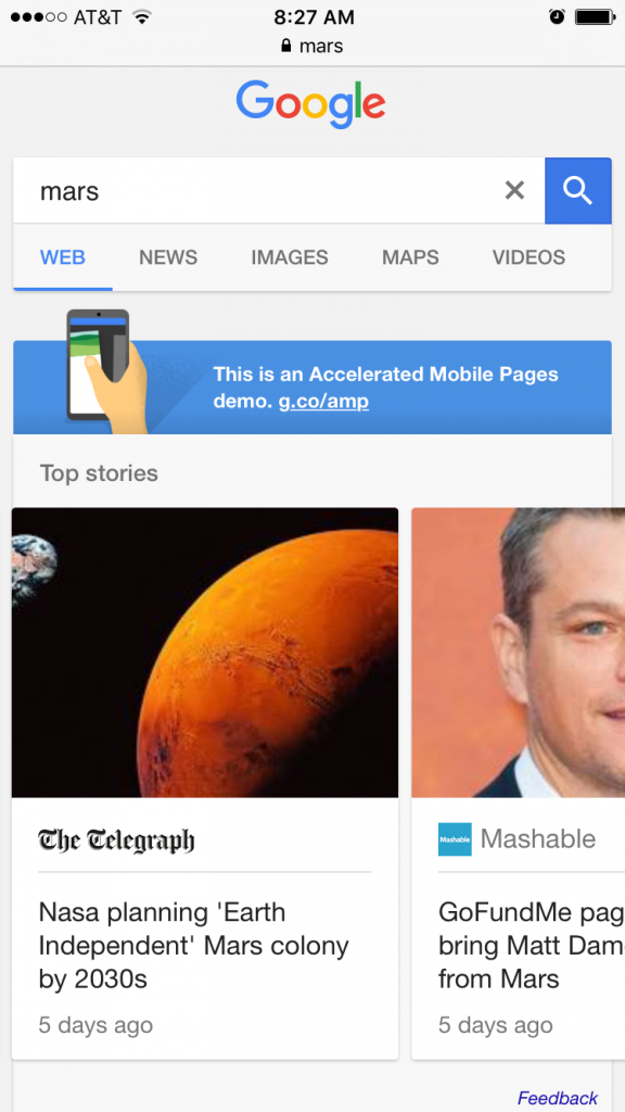 Click To See An Example AMP-Enabled Search For 'mars'