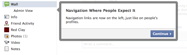Facebook Page Upgrade - Navagation