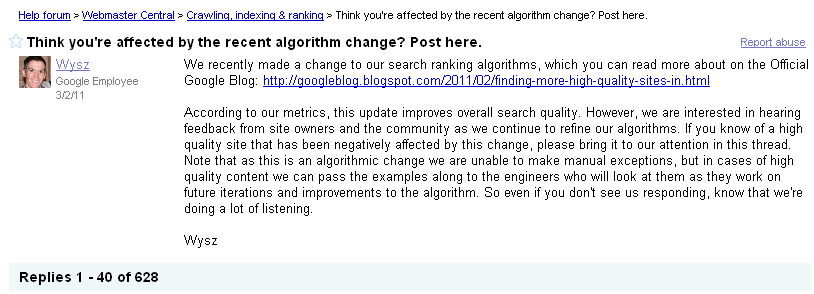 Google's Webmaster Forum to discuss the recent algorithm change
